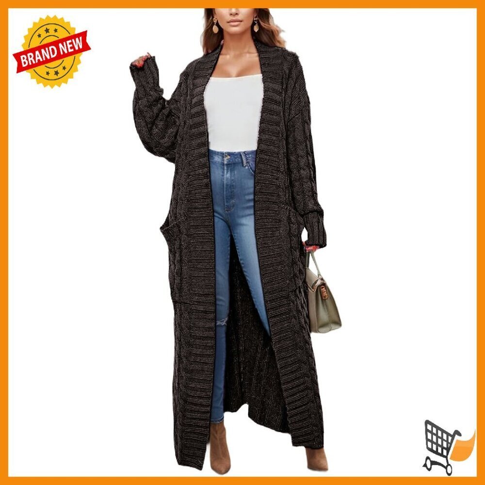 Long Cable Knit Cardigan Sweater with Pockets, Open Front, Loose Fit